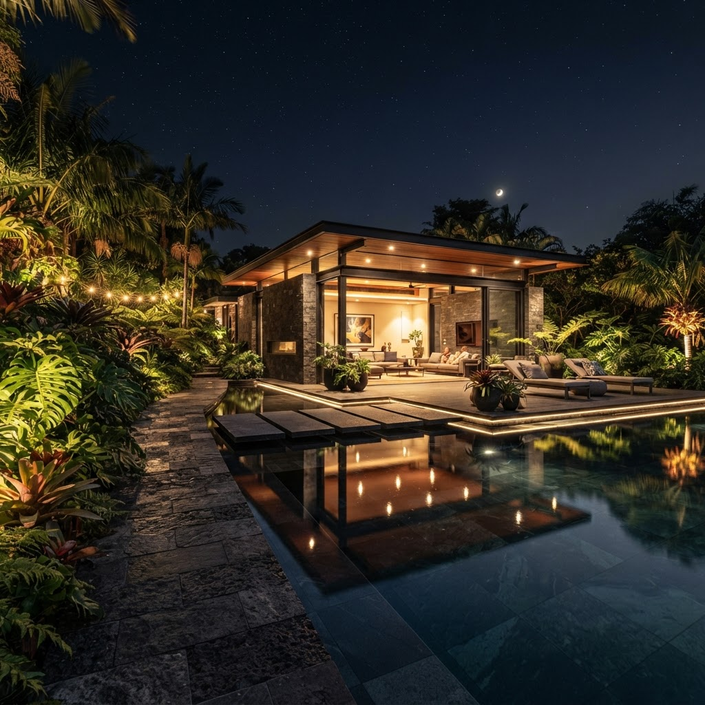 Área de piscina e paisagismo noturno gerado por IA